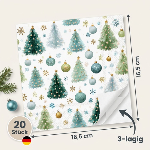 20 Servietten Baubles and Pines - Muster an Tannen und Kugeln 33x33cm