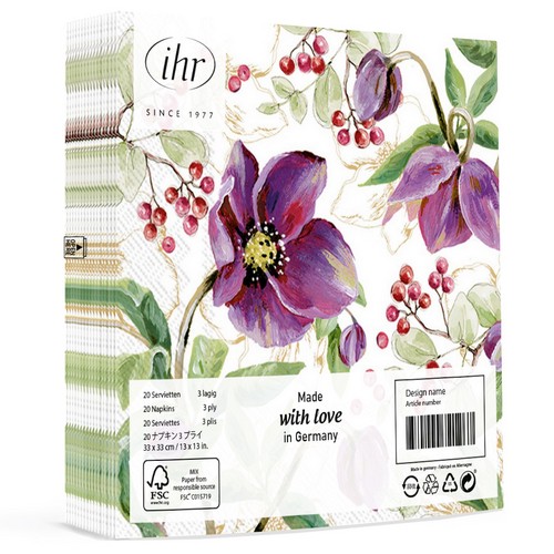 20 Servietten Rose Noel gold - Lila Christrosen mit Blätter 33x33cm