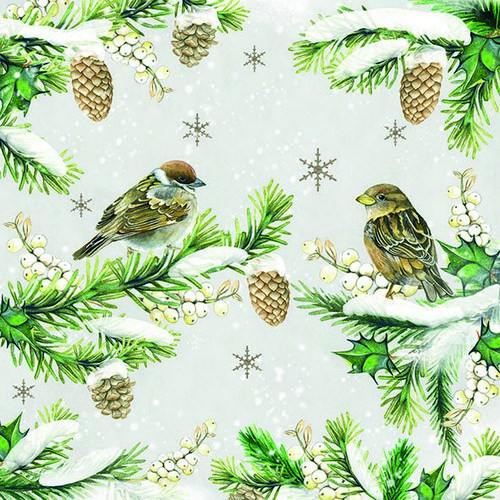 20 Servietten Sparrows in Snow - Spatzen zwischen Winterzweige 33x33cm