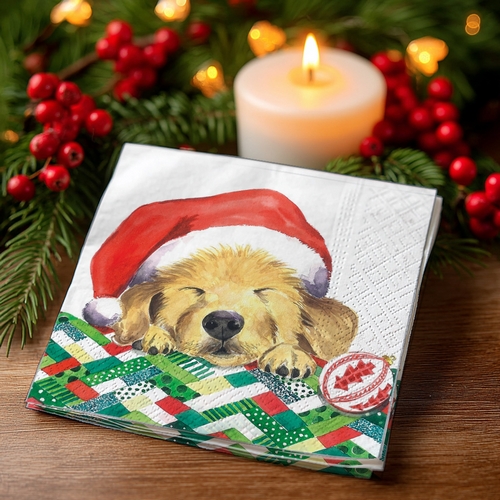 20 kleine Cocktailservietten Christmas Puppy - Träumender Weihnachtshund 25x25cm