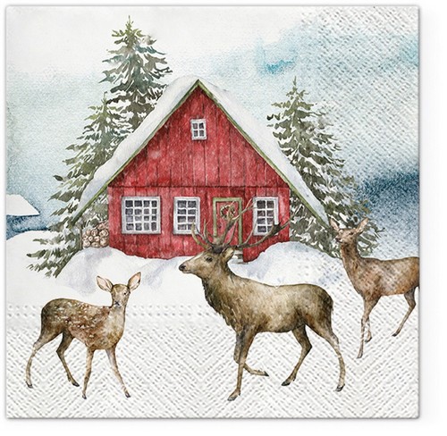 20 Servietten Red House in the Snow - Hirsche an Winterhütte im Gebirge 33x33cm