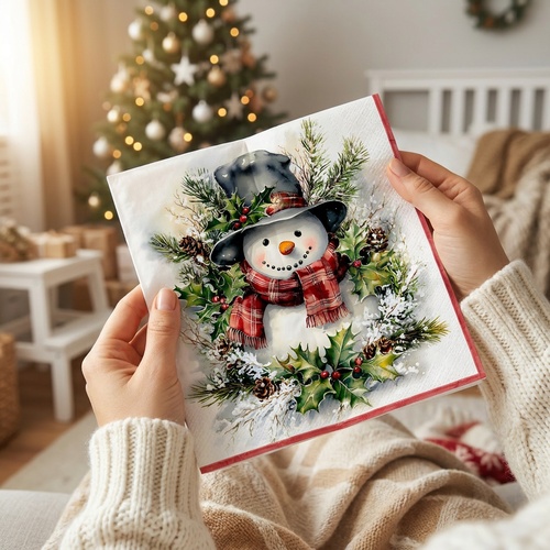 20 Servietten Snögubbe - Schneemann zwischen Zweige 33x33cm