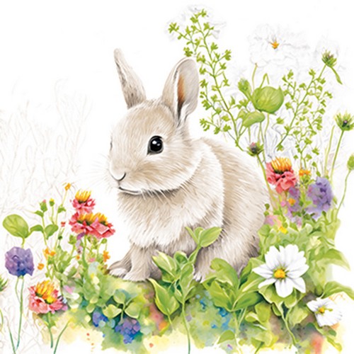 20 Servietten Little Bunny in the Meadow - Hase im lebhaften Blumenfeld 33x33cm