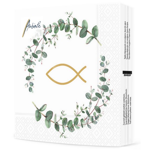 20 Servietten Communion Branches white - Fisch im Kranz voller Blätter weiß 33x33cm