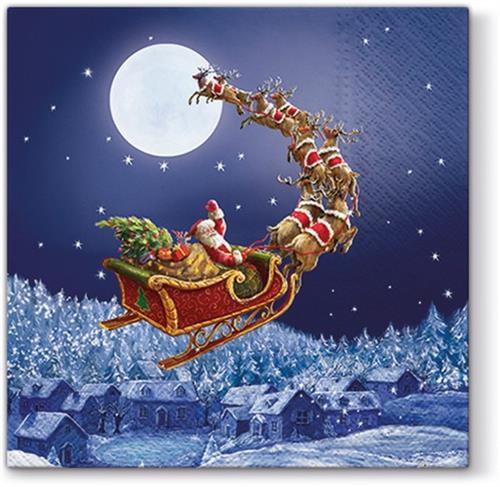 20 Servietten Christmas Sleigh - Santa im Nachthimmel 33x33cm