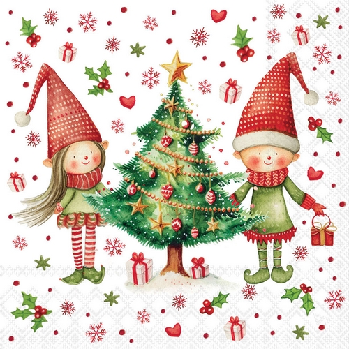 20 Servietten Elves by the Tree - Weihnachtswichtel an Tannenbaum 33x33cm