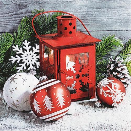 20 Servietten Cabin Charm - Laterne mit Weihnachtskugeln 33x33cm