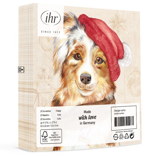 20 Servietten Jack cream - Hund mit Weihnachtsmütze 33x33cm