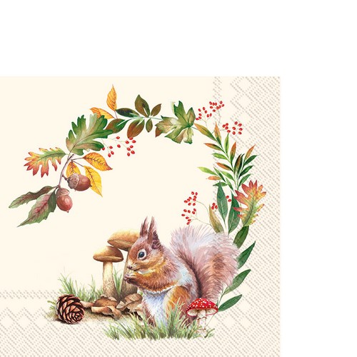 20 kleine Cocktailservietten Squirrel in the Forest cream - Eichhörnchen im Blätterkranz 33x33cm
