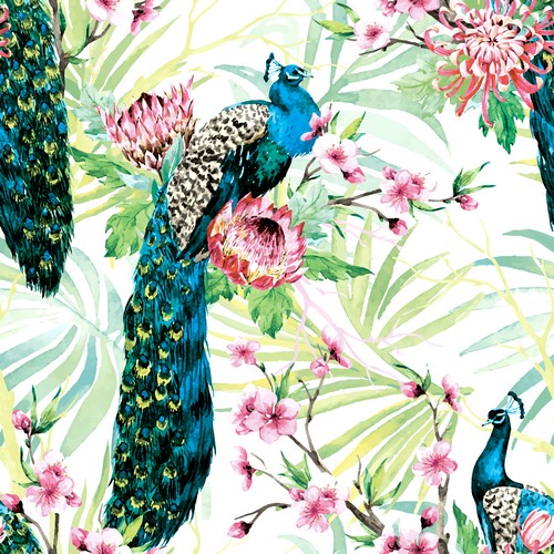 20 Servietten Tropic Peacock - Pfau an tropischen Blumen 33x33cm