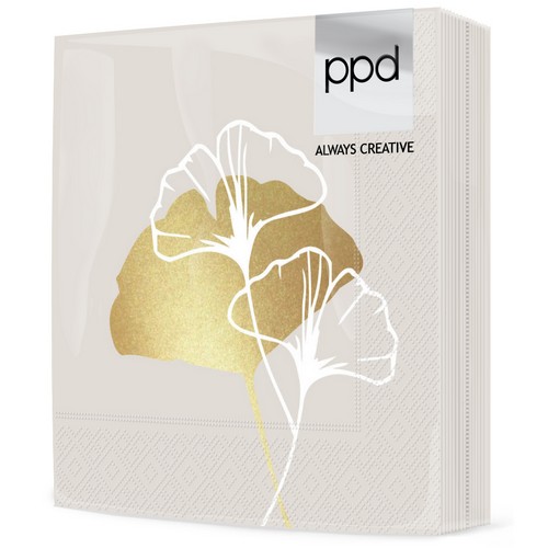 20 Servietten Golden Gingko taupe - Ginkgo gold auf taupe 33x33cm
