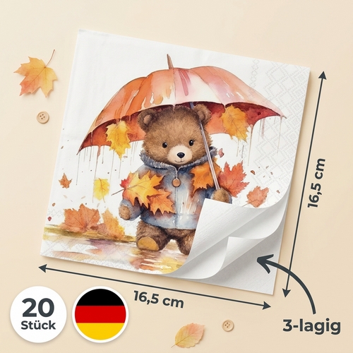 20 Servietten Umbrella Bear - Teddybär unter Schirm im Herbst 33x33cm
