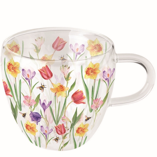 Glas doppelwandig Flowers in spring  - Frühlingsblumen und Bienen 0,25L, Höhe 9,5cm