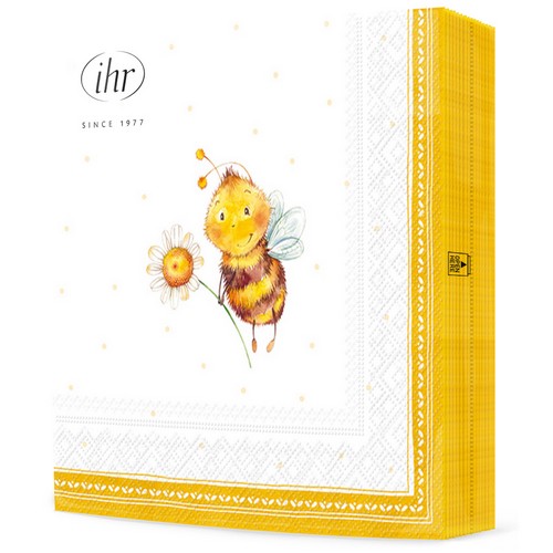 20 Servietten Sunny Bee yellow - Lustige Biene mit Blume gelb 33x33cm