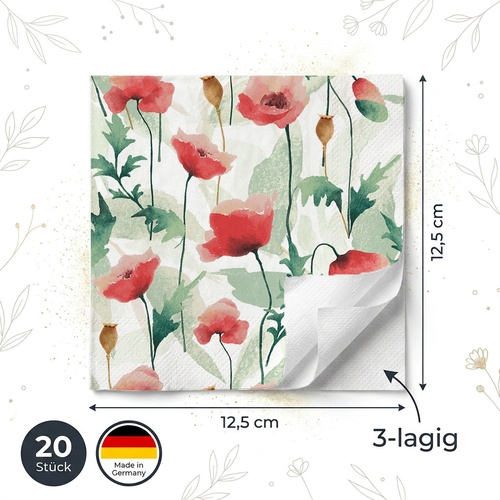 20 kleine Cocktailservietten Poppies delight - Kunstvolle Mohnblumen 25x25cm