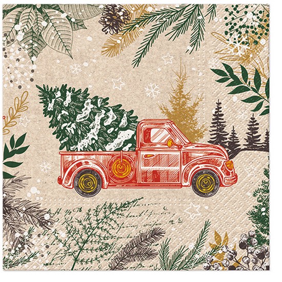 20 Servietten Recycling Papier We care Vintage Christmas Car - Zweige um Weihnachtsauto 33x33cm