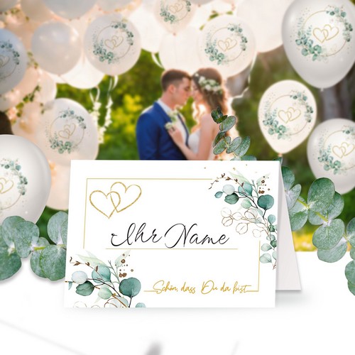 20 Tischkarten Eucalyptus Golden Hearts - Herzen um Eukalyptus weiß A7, 10,5cm, Höhe 7,4cm