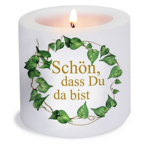 Kerze rund Green Leaves and "Schön" gold - Grüne Blätter um Spruch gold Ø 8cm, Höhe 7,5cm