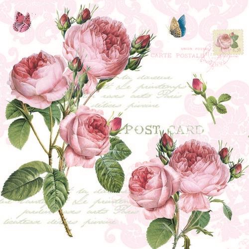 RP 20 Servietten Romantic Roses - Rosa Rosen an Schrift 33x33cm