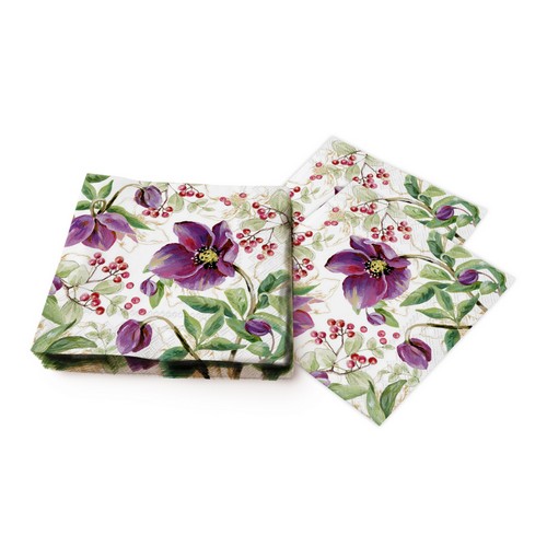 20 Servietten Rose Noel gold - Lila Christrosen mit Blätter 33x33cm