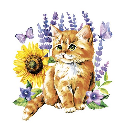 20 Servietten Watercolour Ginger Kitten & Dog - Katze und Hund an Lavendel 33x33cm