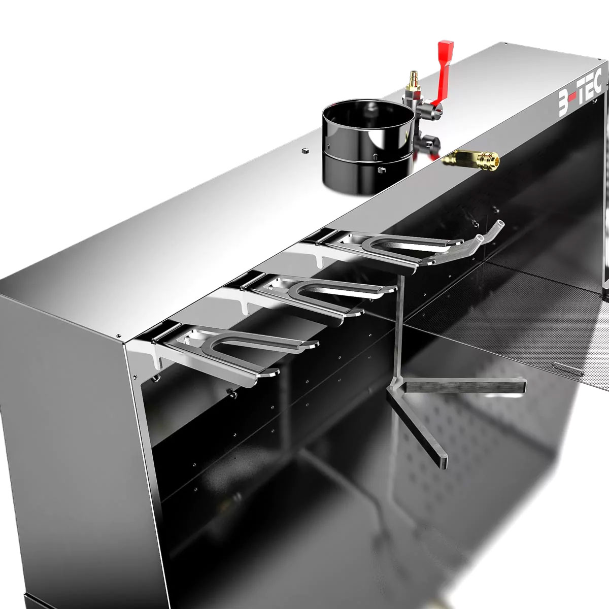 Eine industrielle 3-TEC-Reinigungsstation aus Edelstahl mit einem oben montierten Ventil, einem runden Behälter und drei U-förmigen Metallhaltern, die sich über ein perforiertes Innengitterregal erstrecken.