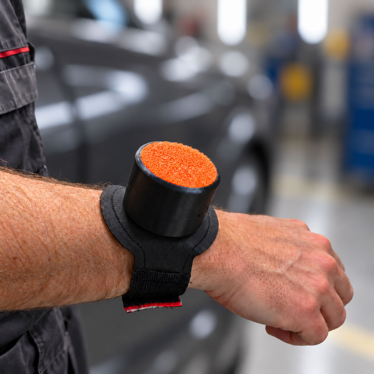 Eine Nahaufnahme des Unterarms einer Person, die ein schwarzes Handgelenkband trägt und an dem ein zylindrischer Schleifklotz mit orangefarbener Struktur befestigt ist, vor einem verschwommenen Hintergrund einer Automobilwerkstatt.