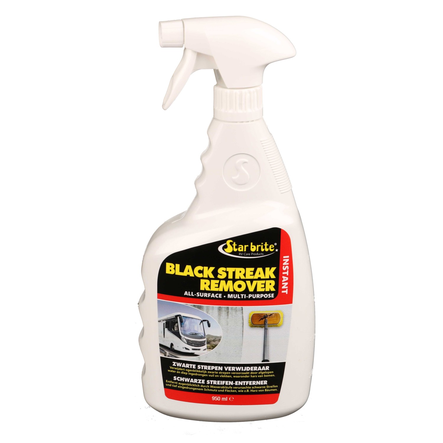 Eine weiße 950-ml-Sprühflasche Star Brite Black Streak Remover mit einem Etikett mit dem Produktnamen, Anwendungsbildern eines Wohnmobils und einem Reinigungswerkzeug vor einem schlichten weißen Hintergrund.