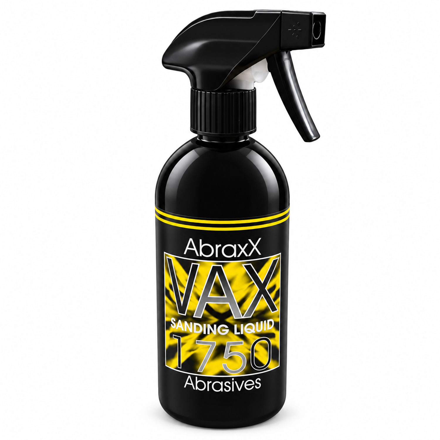 Eine schwarze Plastiksprühflasche mit der Aufschrift „AbraxX VAX Sanding Liquid 1750 Abrasives“, mit einem gelb-schwarzen Grafikdesign auf dem Etikett und einer schwarzen Sprühdüse vor weißem Hintergrund.