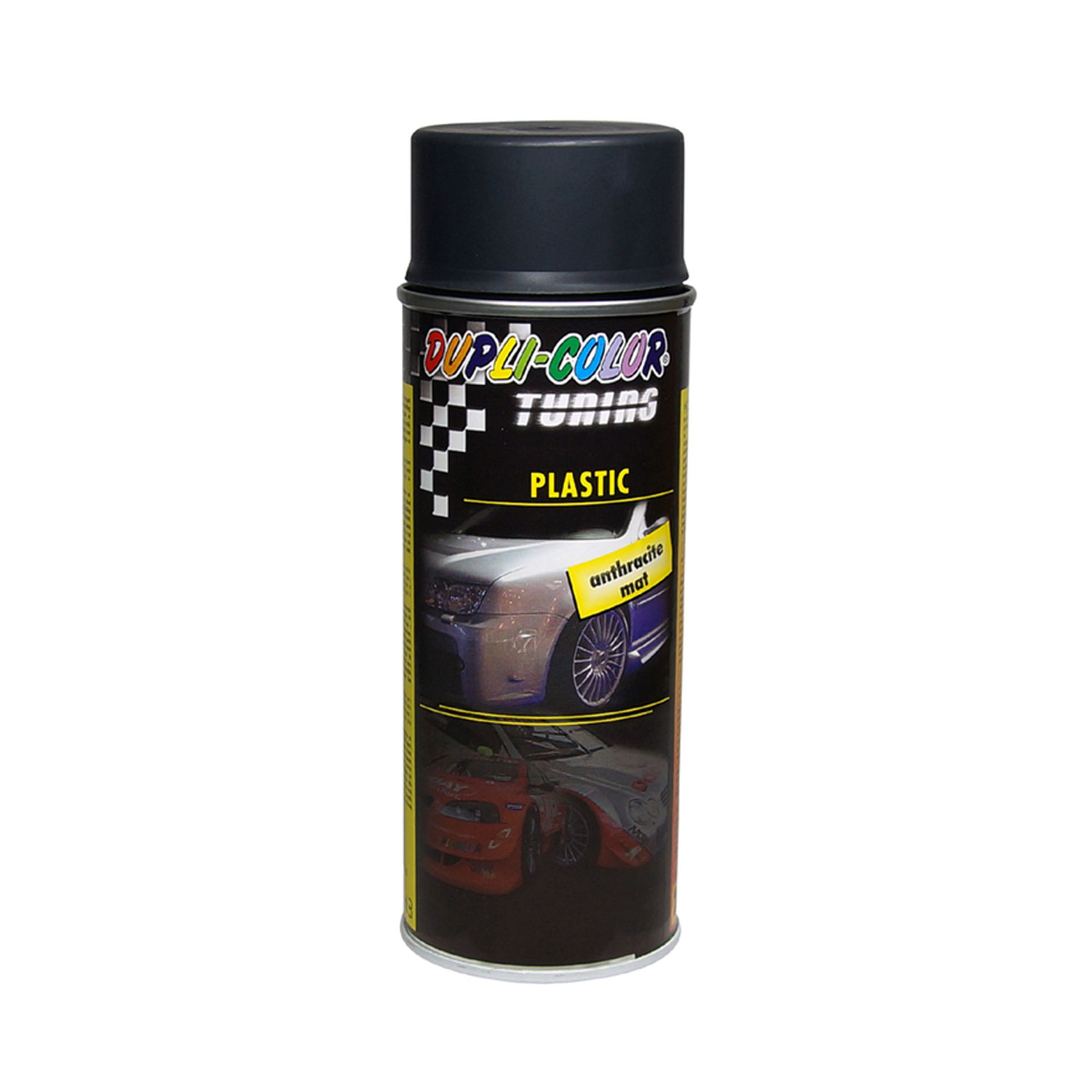 Eine Sprühdose mit Dupli-Color Tuning Plastic-Lack in Anthrazit matt, mit Bildern eines getunten Autos auf dem Etikett vor schwarzem Hintergrund.