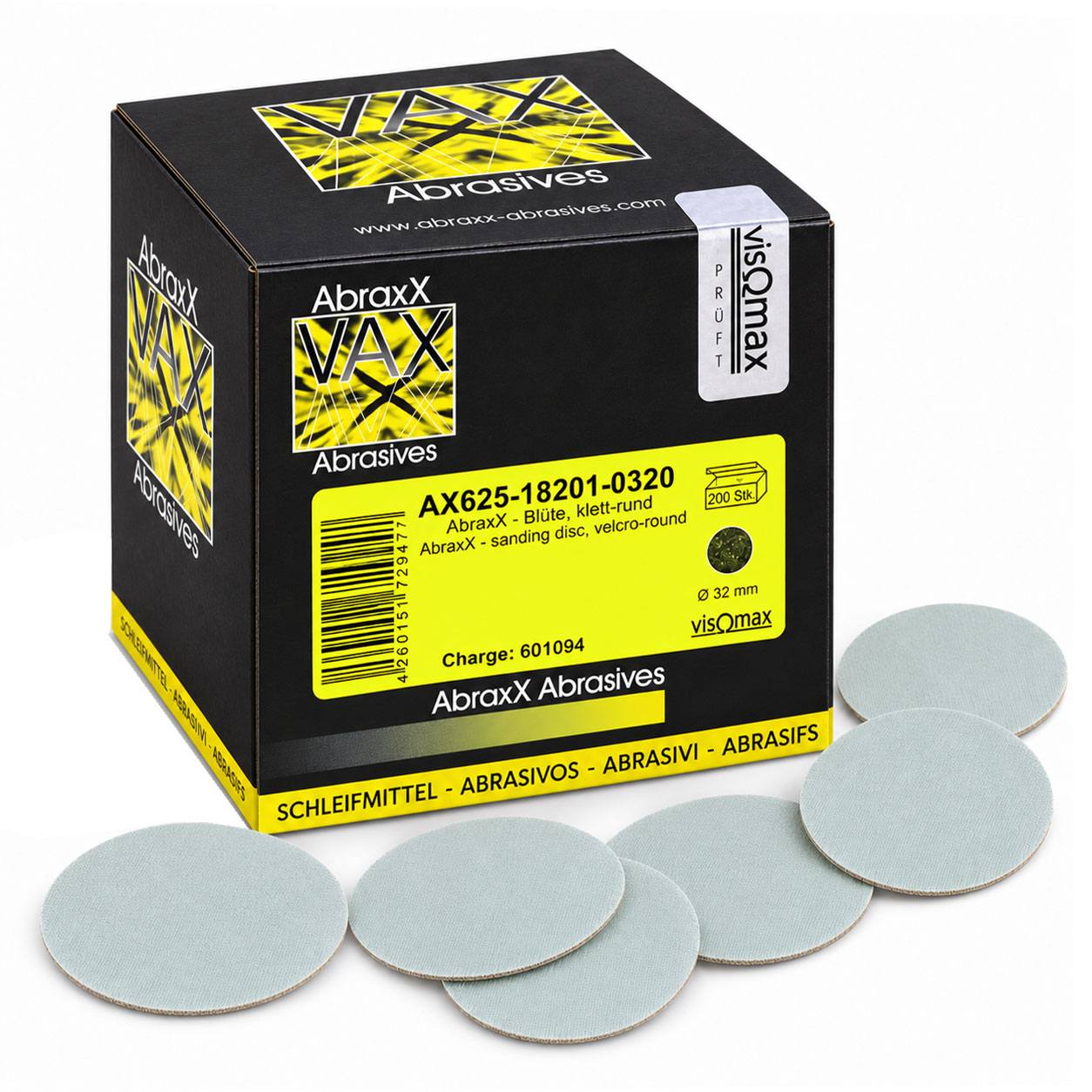 Ein schwarzer Karton mit AbraxX Abrasives mit gelbem Produktetikett, dazu mehrere hellgraue, kreisförmige Schleifscheiben mit einem Durchmesser von 32 mm, platziert auf einer weißen Oberfläche.