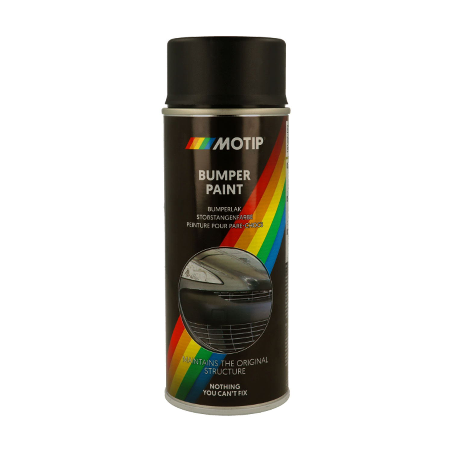 Eine schwarze Spraydose Motip Bumper Paint mit einer Regenbogengrafik und einem eingefügten Bild einer Autostoßstange auf dem Etikett, isoliert vor einem schlichten weißen Hintergrund.