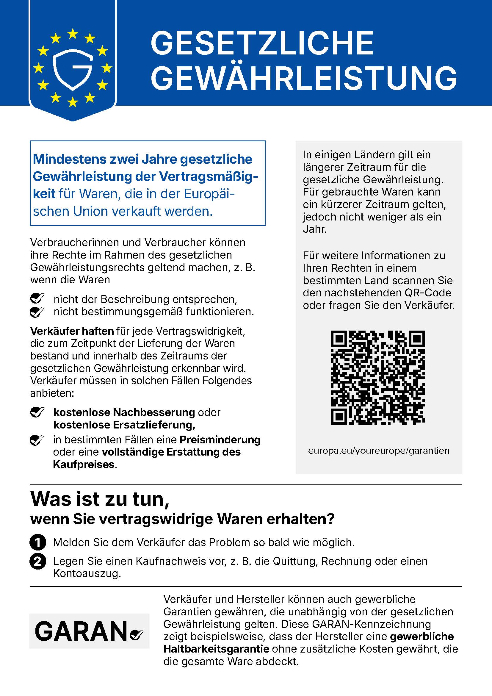 Ein Informationsdokument über gesetzliche Gewährleistungsrechte in der EU mit einem blauen Schildsymbol, erläuterndem Text, einem QR-Code für weitere Details und einem Abschnitt über gewerbliche Gewährleistungen.