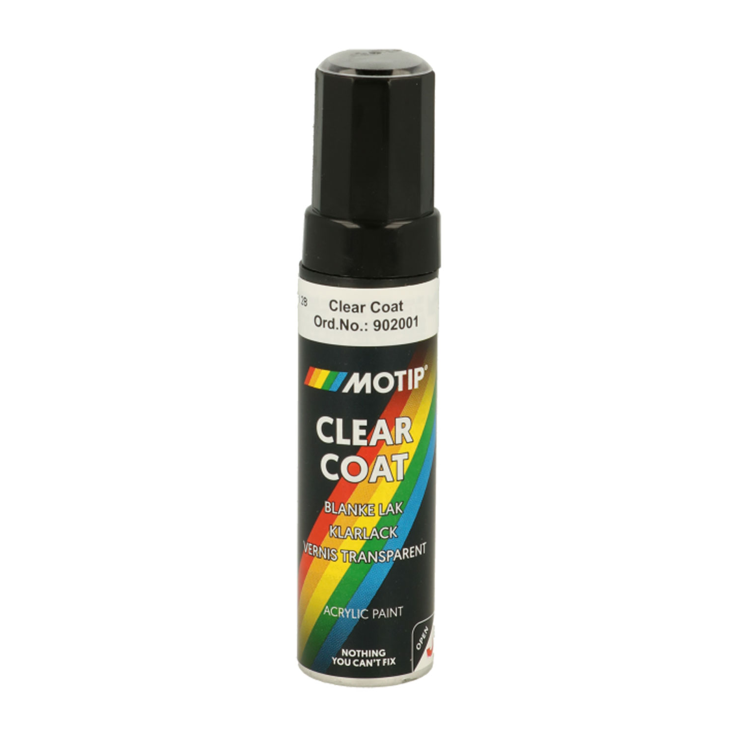 Ein Klarlack-Lackierstift von Motip mit schwarzer Kappe, einer regenbogenfarbenen Grafik auf dem Etikett und dem Text „Clear Coat, Best.-Nr.: 902001“ und „Acrylfarbe“ auf weißem Hintergrund.