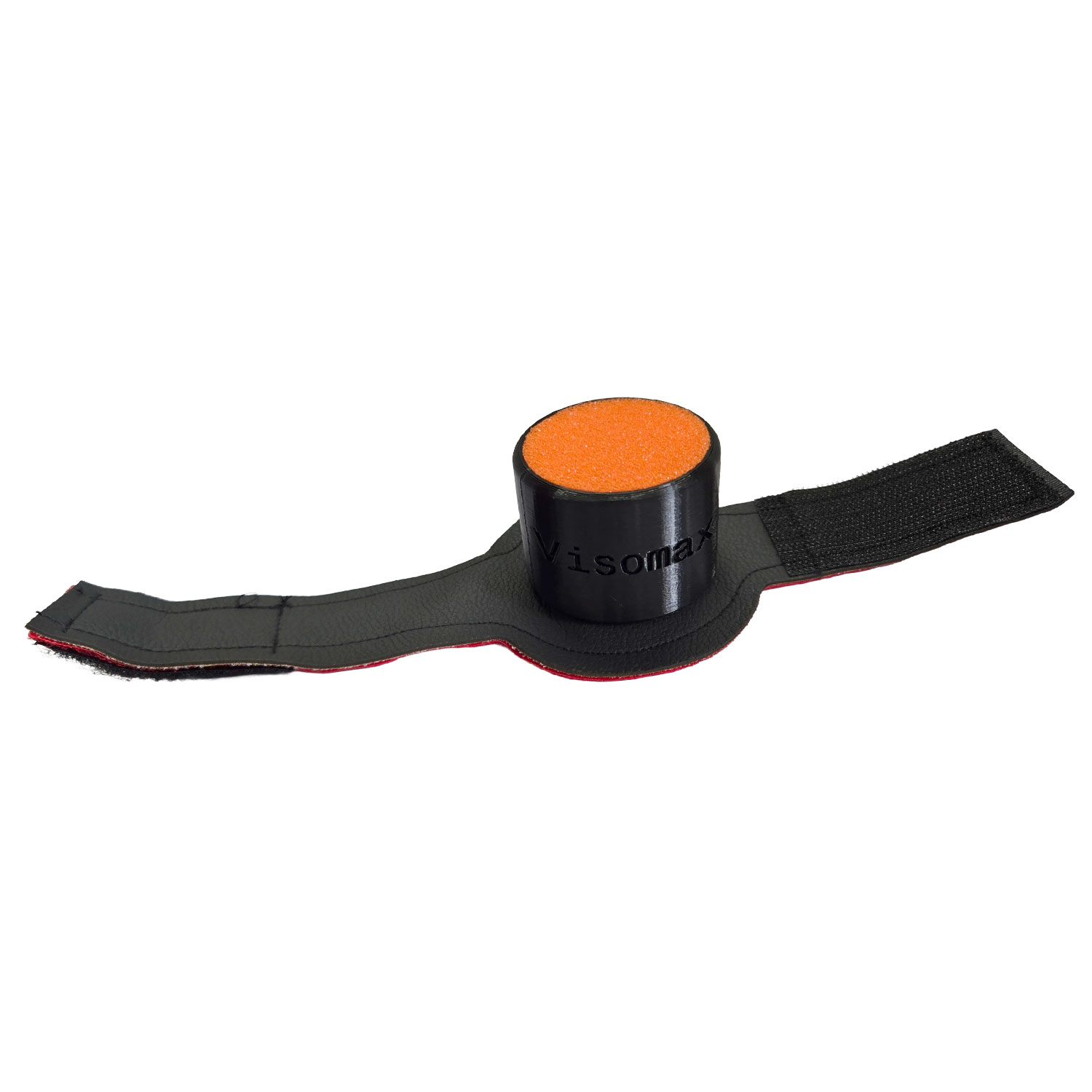 Ein Visomax-Polierwerkzeug mit zylindrischem schwarzem Gehäuse und orangefarbenem Schaumstoffpolster, befestigt an einem schwarzen Lederband mit Klettverschluss vor weißem Hintergrund.