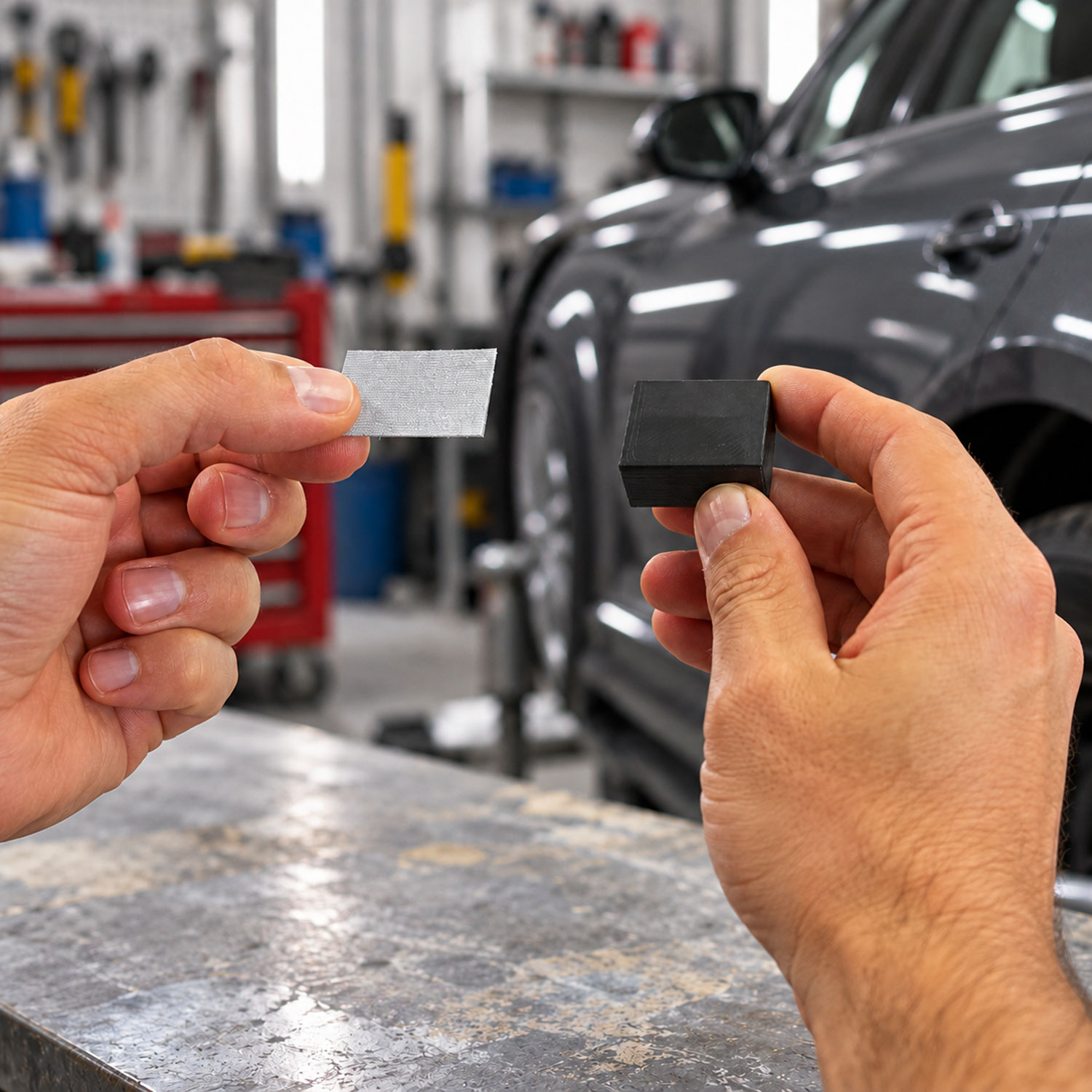 Eine Person hält in der einen Hand ein kleines, rechteckiges graues Schleifpad und in der anderen einen schwarzen Schleifblock, im Hintergrund verschwommen ein Auto und Werkstattwerkzeuge.