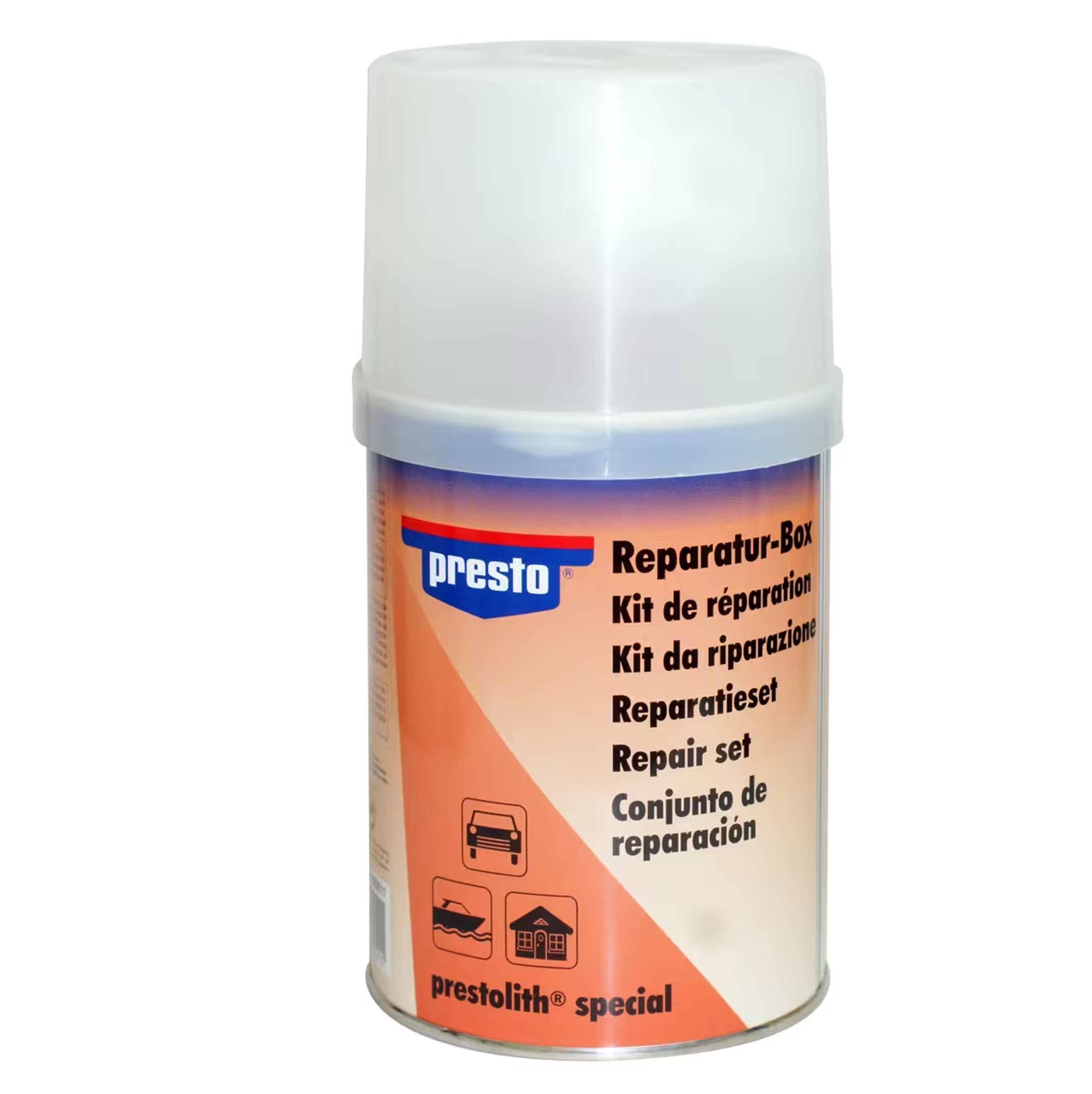 Ein zylindrischer Reparatursatzbehälter der Marke Presto mit einer durchsichtigen Kunststoffkappe, mit mehrsprachigen Produktetiketten und Symbolen, die ein Auto, ein Boot und ein Haus auf orangefarbenem Hintergrund darstellen.