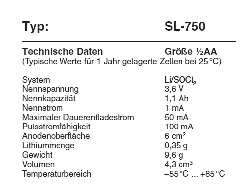 Tadiran SL 750 S / ER - 1/2 AA Lithium Rundzelle 3,6V Lithium-Thionylchlorid  
