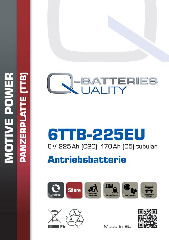 Q-Batteries 6TTB-225EU 6V 225Ah (C20) geschlossene Blockbatterie, positive Röhrchenplatte