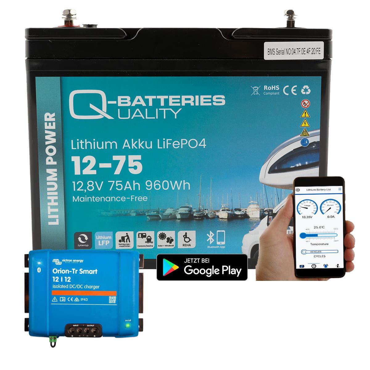 Q-Batteries Lithium Akku 12-75 12,8V 75Ah 960Wh LiFePO4 Batterie mit Victron Orion Ladegerät