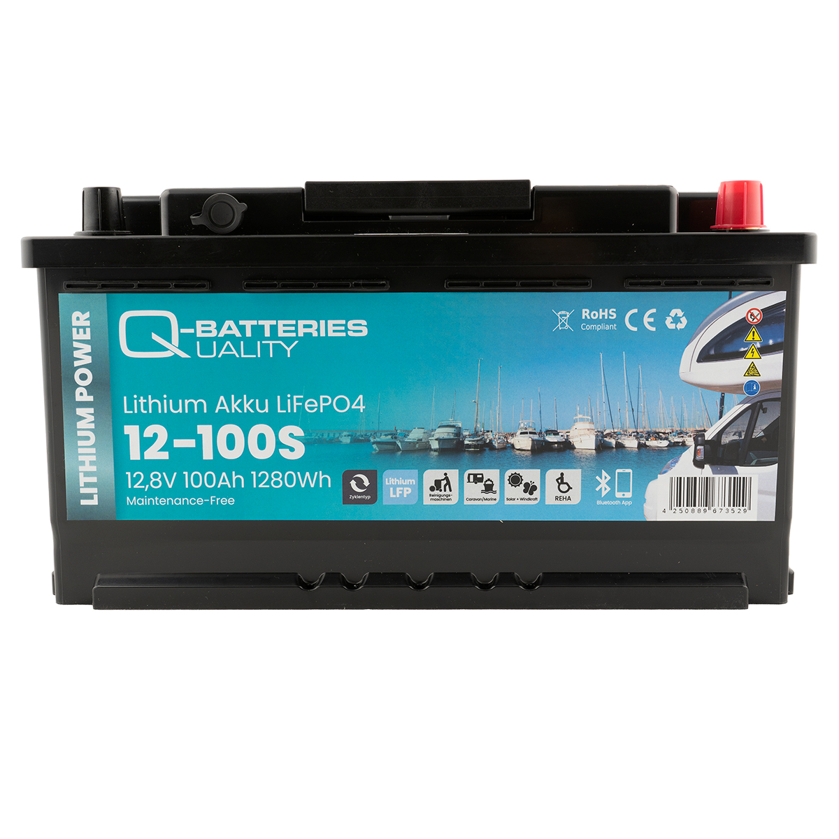 Q-Batteries Lithium Akku 12-100S 12,8V 100Ah 1280Wh LiFePO4 Batterie mit Bluetooth