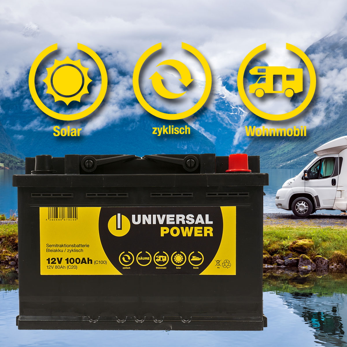 Universal Power UPA12-100 Solar Batterie Wohnmobilbatterie 12V 100Ah  zyklenfest