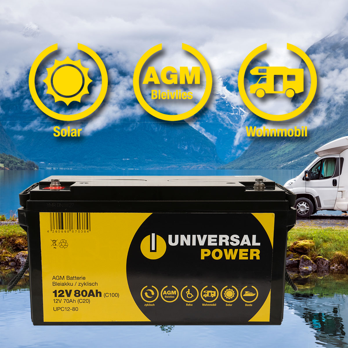 Universal Power UPC12-80 12V 80Ah AGM Solarbatterie Wohnmobilbatterie