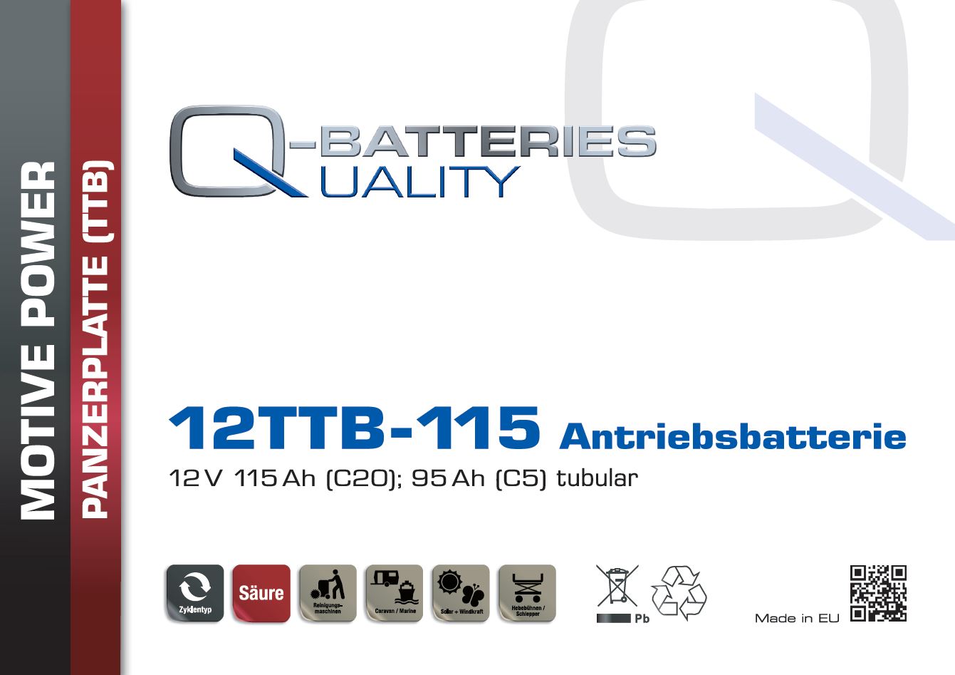 Q-Batteries 12TTB-115 12V 115Ah (C20) geschlossene Blockbatterie, positive Röhrchenplatte