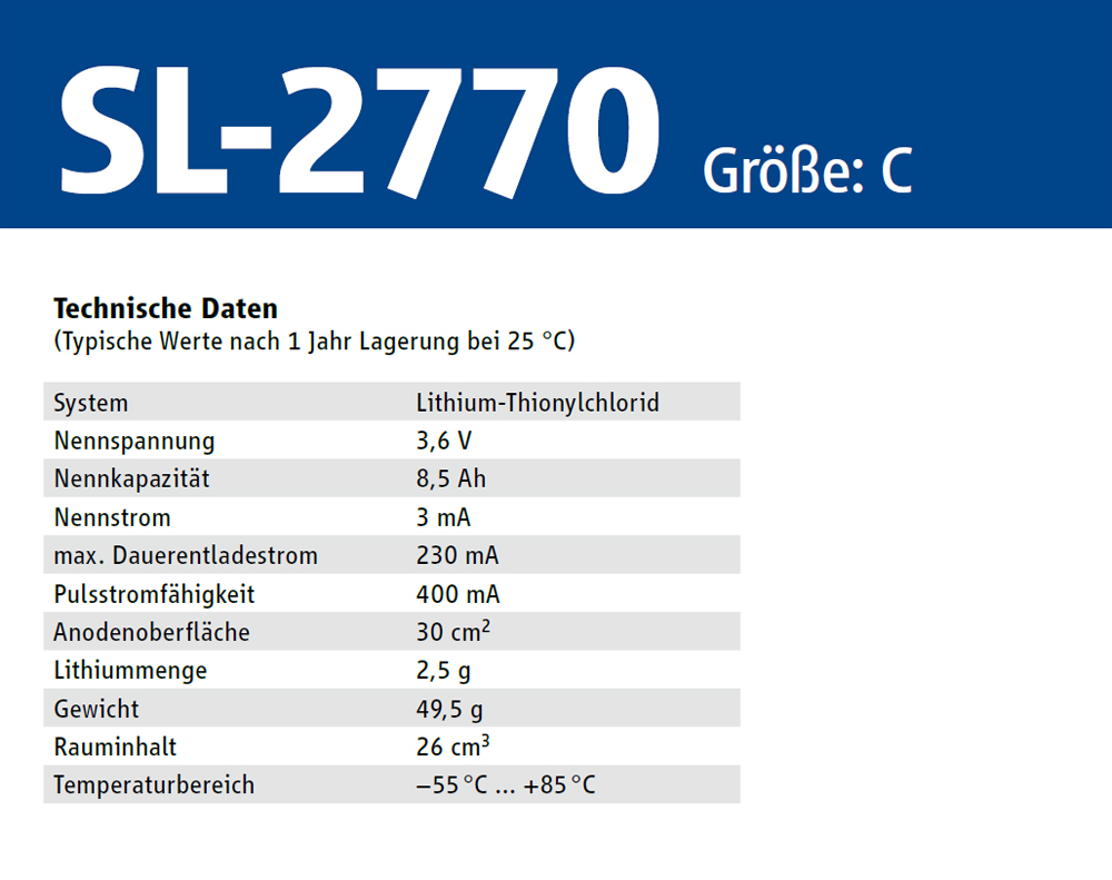 Tadiran SL-2770/T Lötband ER-C Industriezelle Lithium-Thionylchlorid 3,6V 8500mAh 50x26,2 (HxØ/mm)  
