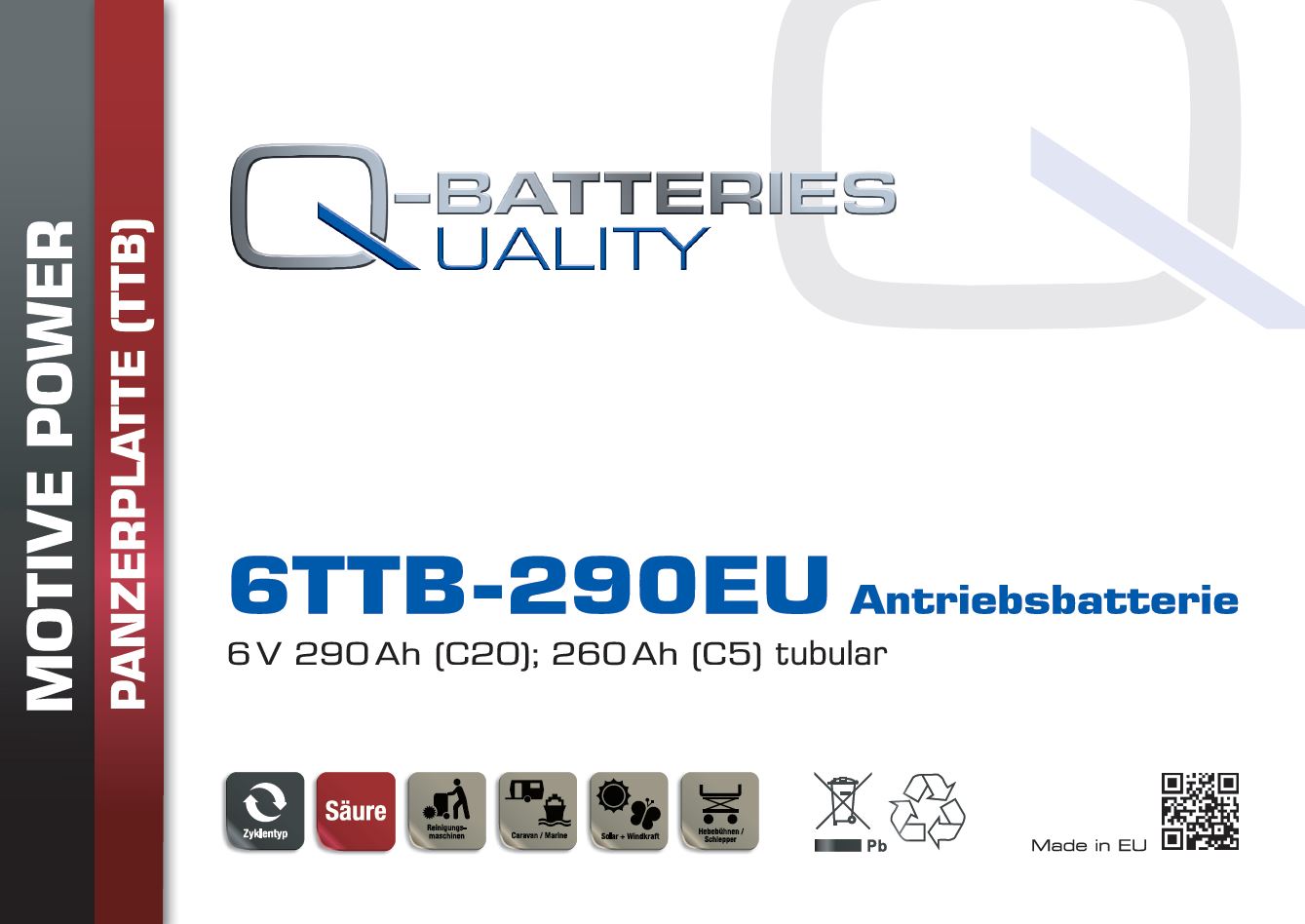 Q-Batteries 6TTB-290EU 6V 290Ah (C20) geschlossene Blockbatterie, positive Röhrchenplatte