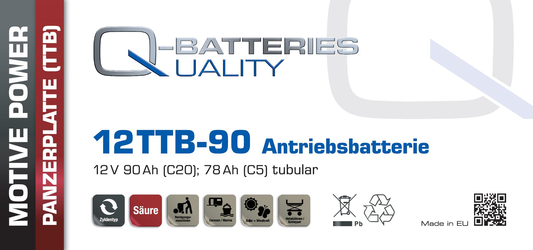 Q-Batteries 12TTB-90 12V 90Ah (C20) geschlossene Blockbatterie, positive Röhrchenplatte