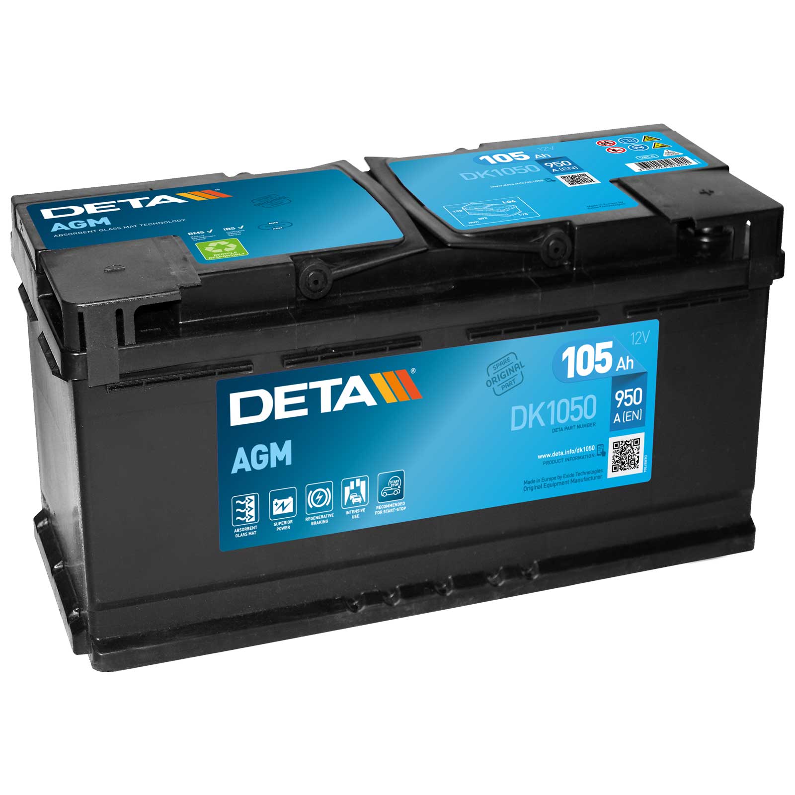DETA DK1050 Start-Stop AGM 12V 105Ah 950A Autobatterie