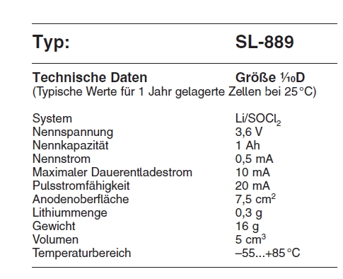 Tadiran SL-889/P ER-1/10D Industriezelle Lithium-Thionylchlorid 3,6V 1000mAh 6,2x33,0 (HxØ/mm)  