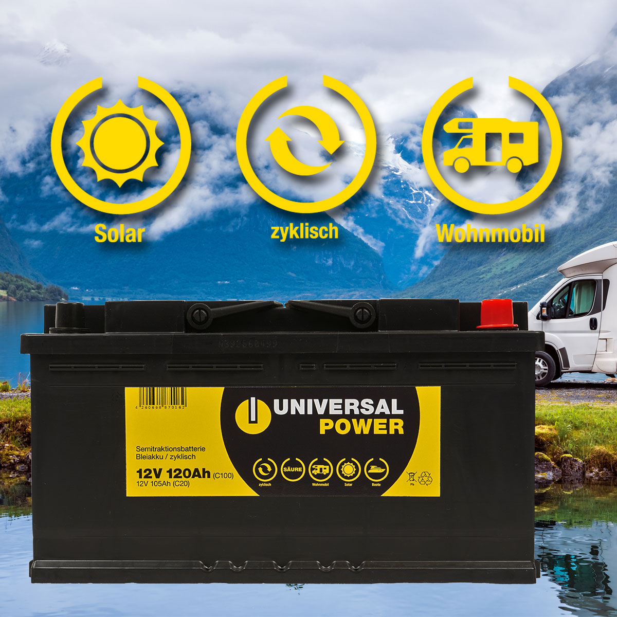 Universal Power UPA12-120 Solar Batterie Wohnmobilbatterie 12V 120Ah (C100) zyklenfest
